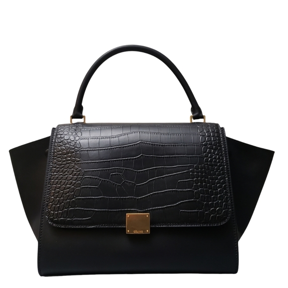 Celine Handbags - CÉLINE Trapeze Bag Crocodile Embossed Leather Medium in Black & Gold